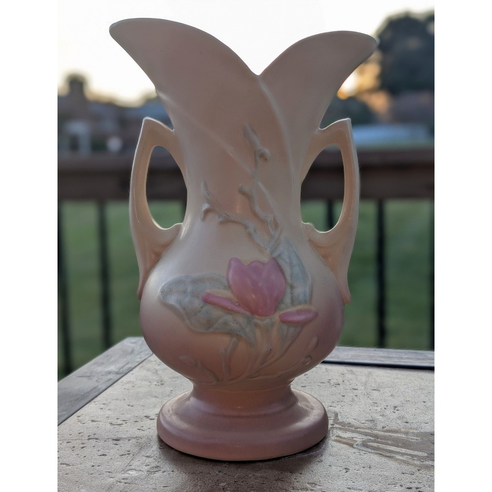 Hull Pottery Magnolia Matte 8-10½ Double Handle Vase Pink Blue Floral 1940s